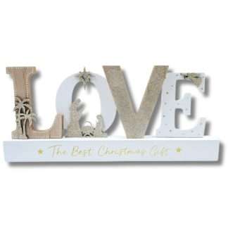 LOVE wooden Nativity Christmas decoration with glitter highlights and The Best Christmas Gift wording