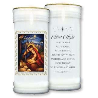 Two white Nativity pillar candles with Holy Family image, Christmas Blessings and Silent Night verse