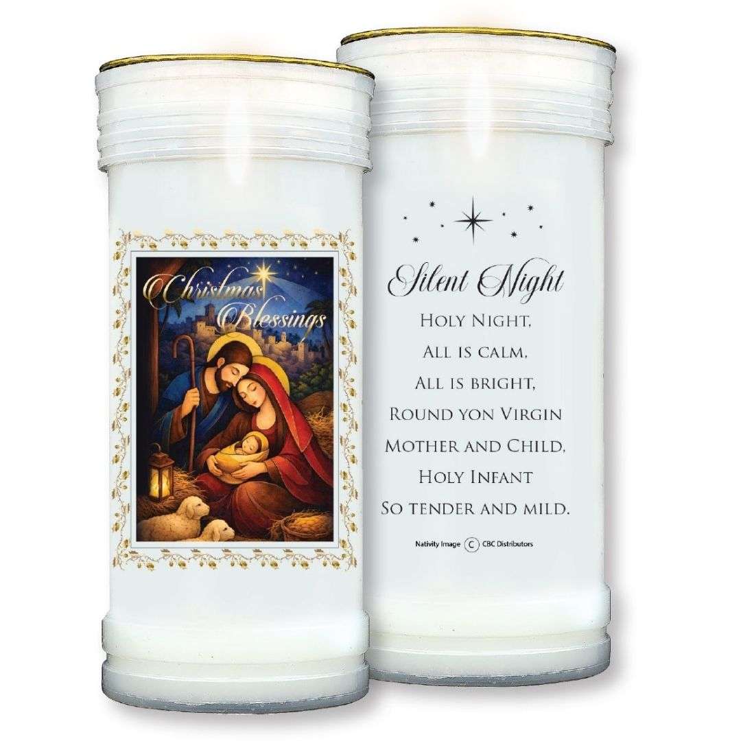 Two white Nativity pillar candles with Holy Family image, Christmas Blessings and Silent Night verse
