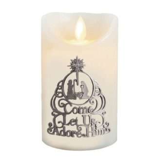 Vanilla scented Nativity LED candle with Come Let Us Adore Him metal design