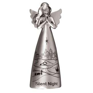 Silver Nativity message angel with Christmas scene and Silent Night text