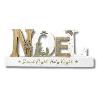 NOEL wooden Nativity Christmas decoration with glitter and Silent Night Holy Night wording