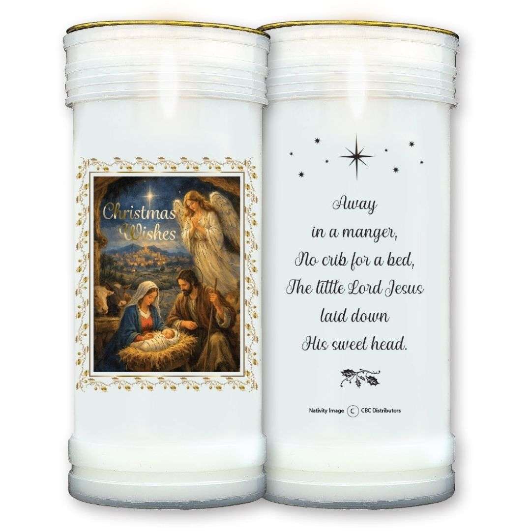 Pack of two Nativity pillar candles with Christmas Wishes design and Away in a Manger verse