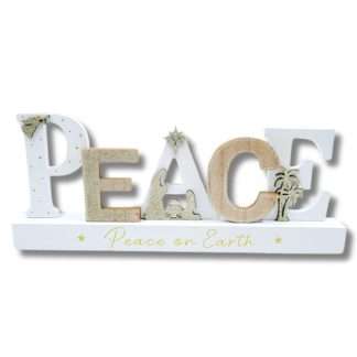 PEACE wooden Nativity Christmas decoration with glitter and Peace on Earth wording