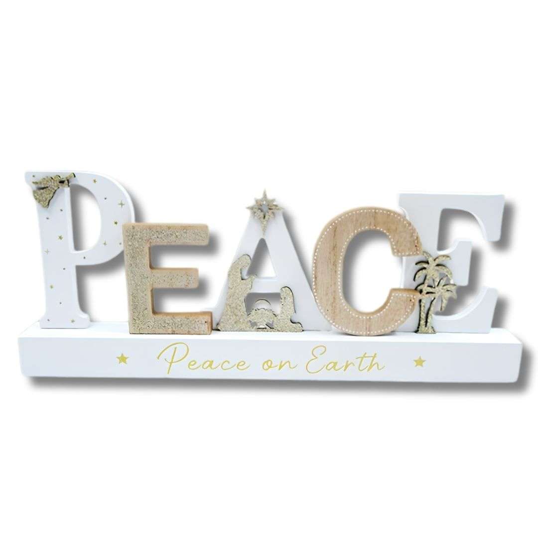 PEACE wooden Nativity Christmas decoration with glitter and Peace on Earth wording