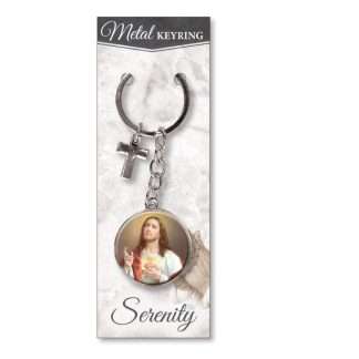 Silver metal Sacred Heart of Jesus key ring with round image and cross charm