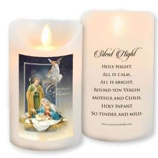 Silent Night Nativity LED candle with Holy Family and Christmas Blessings design