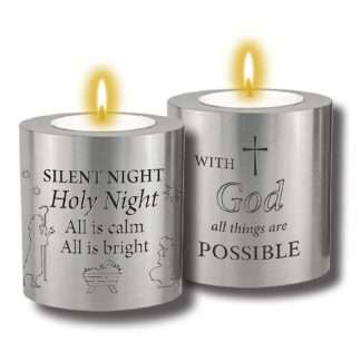 Silver Nativity tea light holder with Silent Night design and religious message