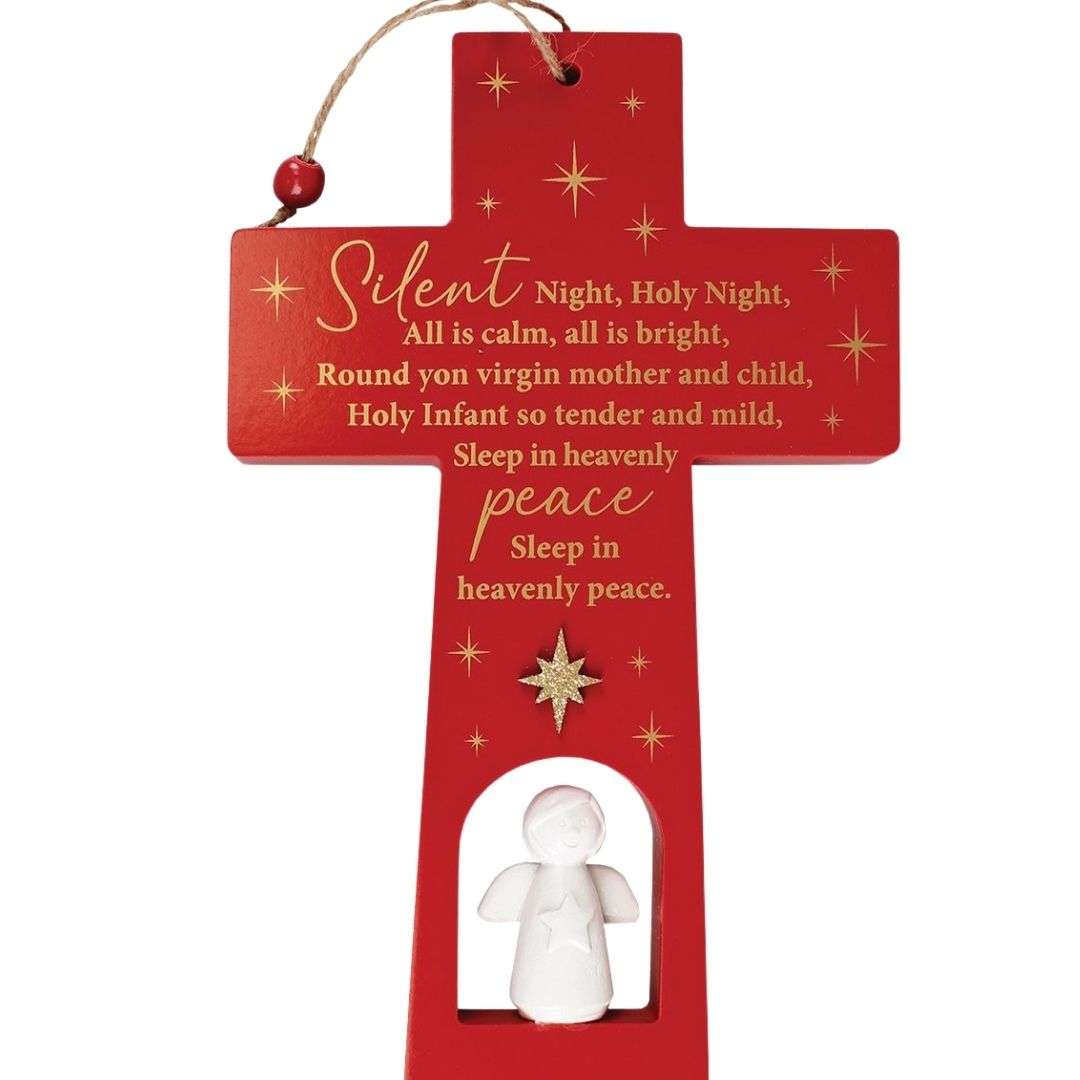 Red wooden hanging cross with Silent Night verse, white angel figure and gold star details