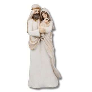 12-inch resin Holy Family Nativity figure in white and cream with gold highlights