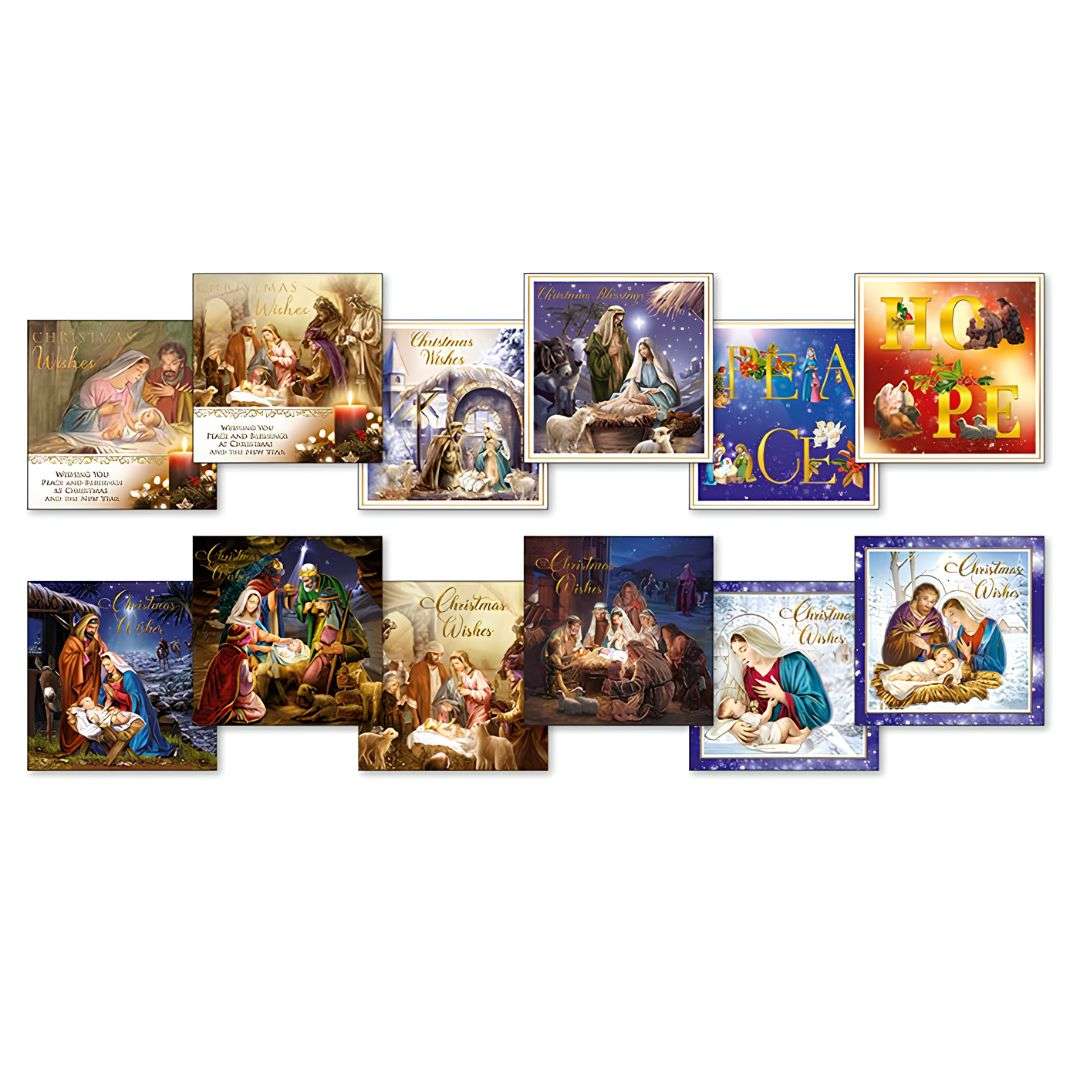 Assorted religious Christmas cards with 12 Nativity designs and gold foil highlights