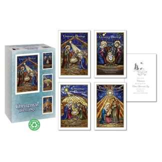 Christmas Blessings stained glass Nativity Christmas cards box of 18 with four assorted designs