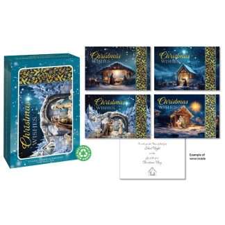 Gold stamped and embossed Nativity Christmas Wishes cards box of 12 in four assorted designs