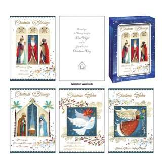 Gold stamped Three Kings and angel religious Christmas cards box of 12 with four assorted designs