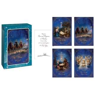 Gold stamped religious Christmas cards box of 12 featuring Three Kings Nativity and angel designs