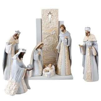 6-piece grey and gold resin Nativity set with Holy Family and Three Wise Men
