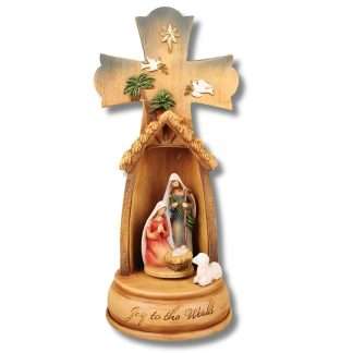 Musical resin Nativity cross with Holy Family and Joy to the World inscription
