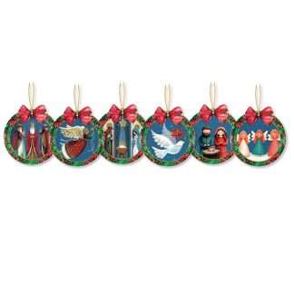 Pack of 6 round wooden Nativity Christmas tree ornaments with red bows and assorted religious designs