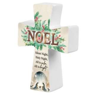 Porcelain Nativity Christmas cross with Noel and Silent Night wording
