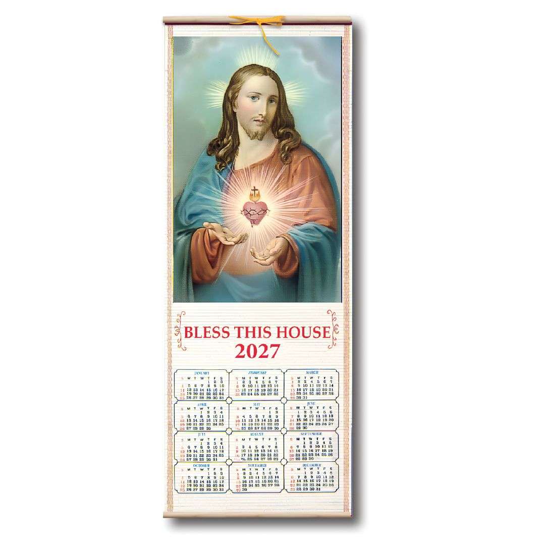 Sacred Heart handcrafted wooden scroll hanging calendar